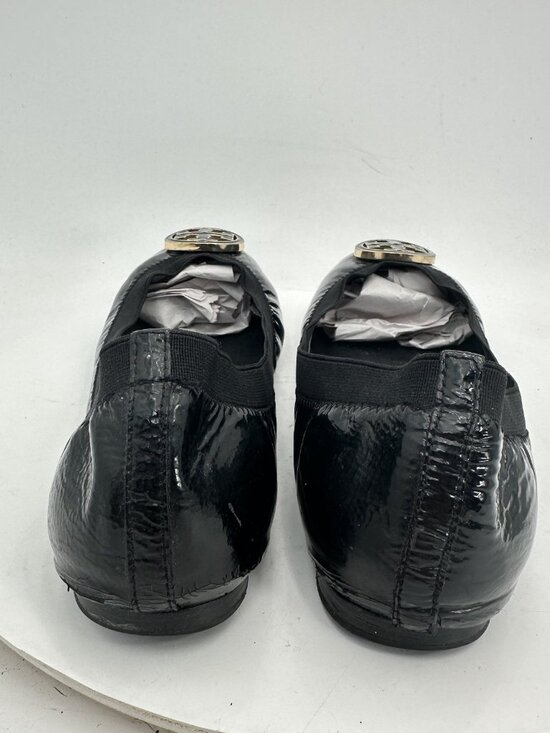 Tory Burch Reva Women Size 10.5M Black Patent Leather Gold Logo Ballet Flat Shoe - Picture 9 of 11